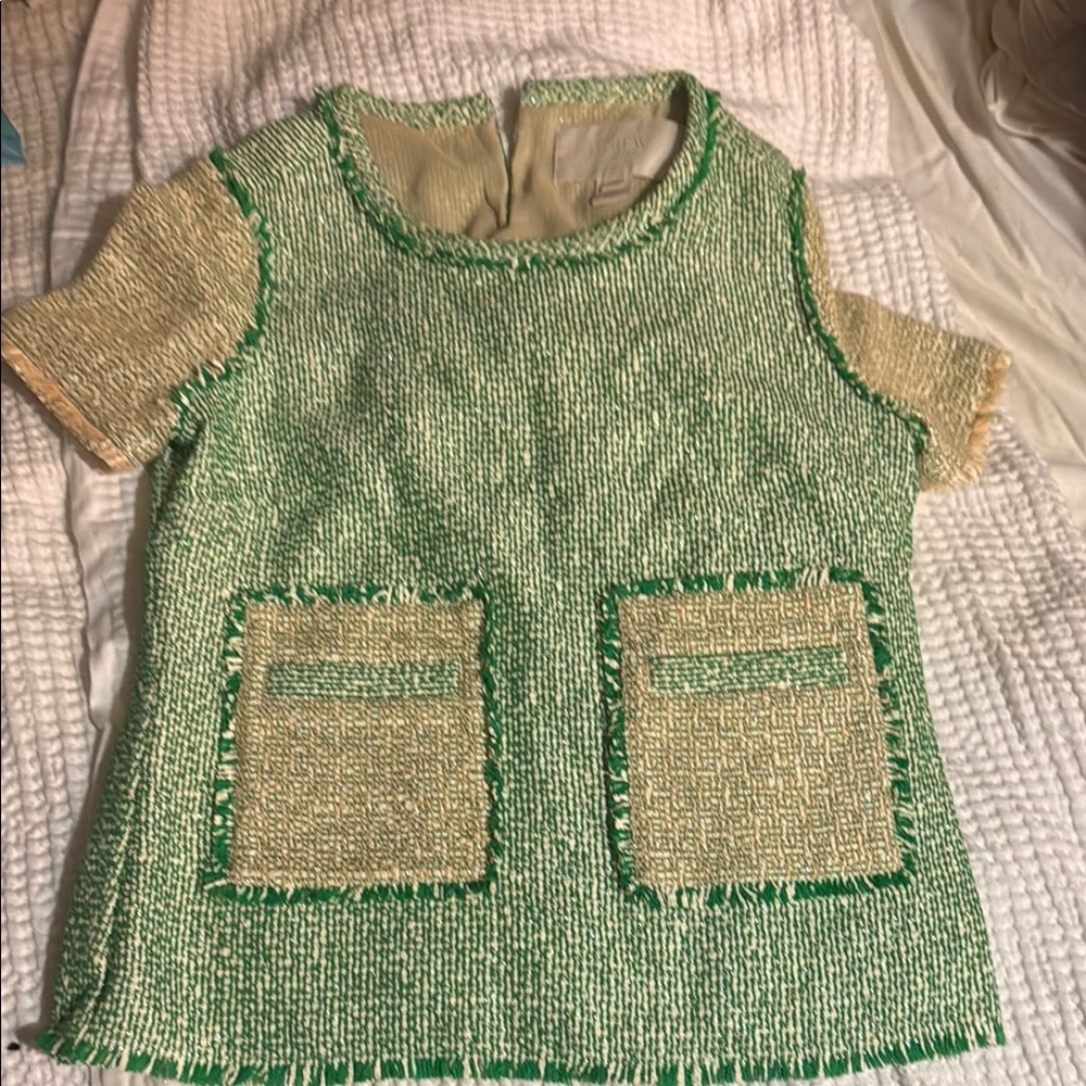 J. Crew Green and Cream Textured Blouse Petite